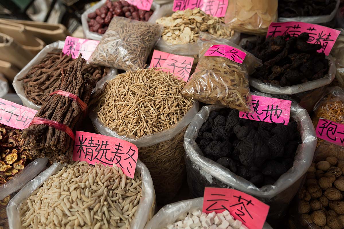 Different herbs at Qingping market in Guangzhou.