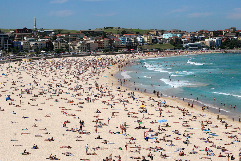 crowded-bondi-beach-sydney-australia On a hot summer day, the beach is full.