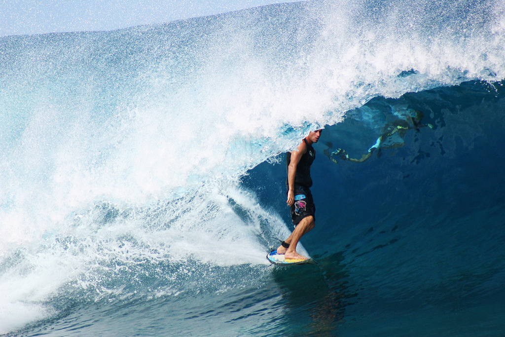 Teahupoo in Tahiti is known for its surf break and heavy, glassy waves offshore, often reaching 2 to 3 m and sometimes up to 7 meters.