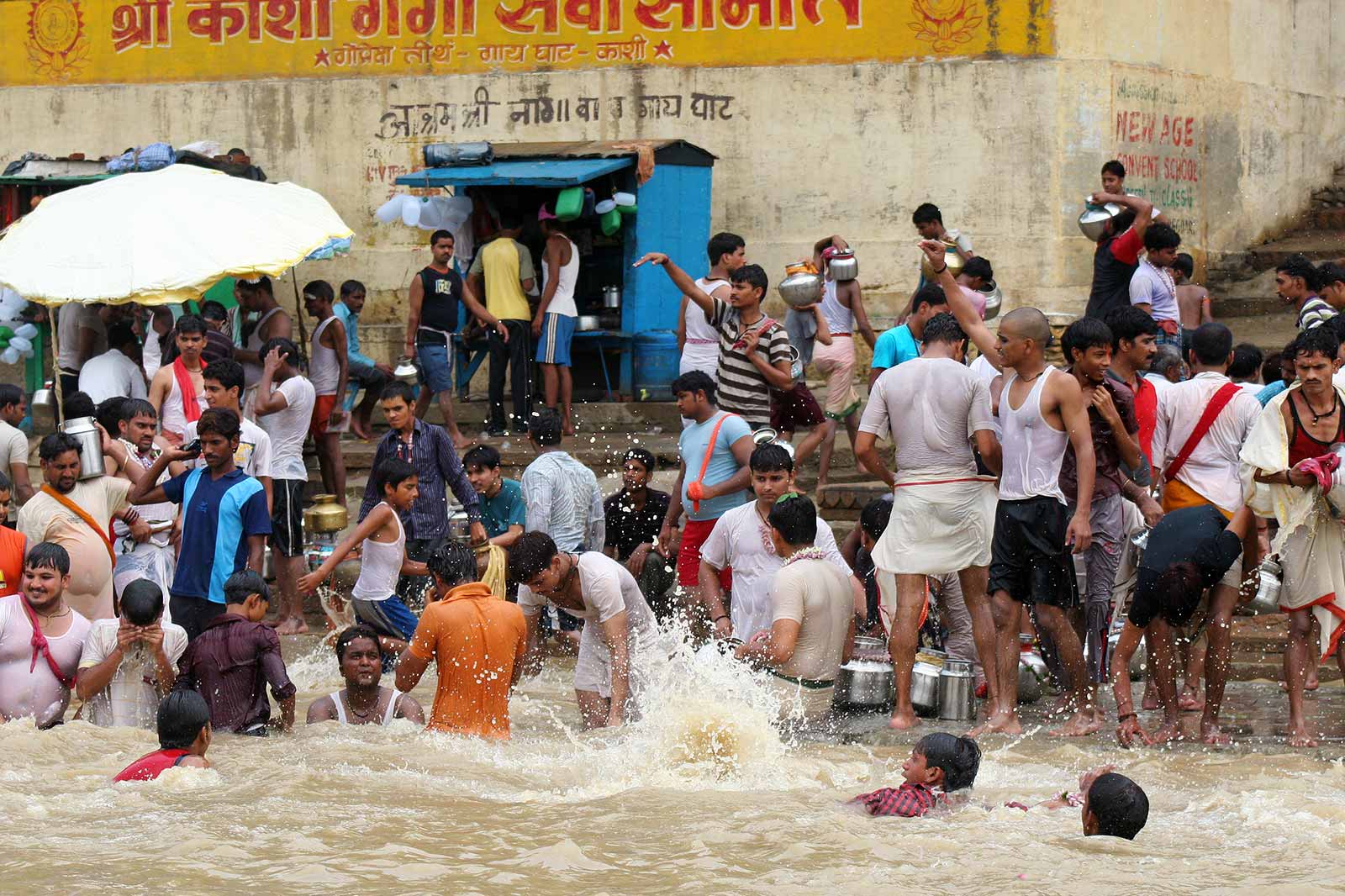 The swiftly moving Ganges in Varanasi, especially in its upper reaches, where a bather has to grasp an anchored chain in order to not be carried away, is considered especially purifying.