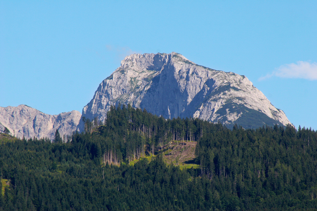 A mountain rising out of the forest in the Salzkammergut around Grundlsee.