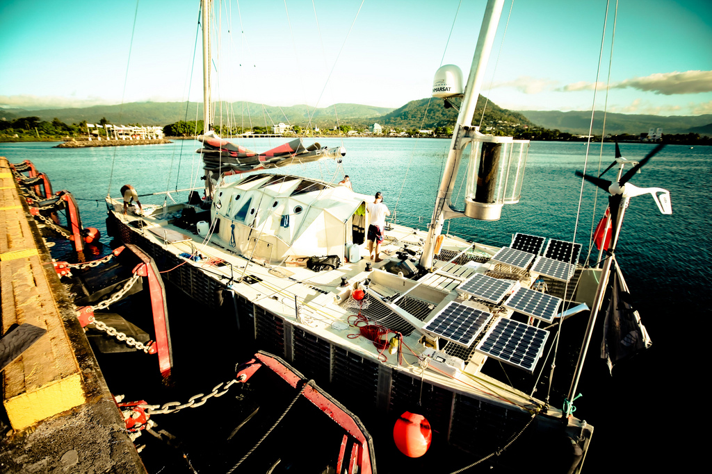 The Plastiki - a catamaran made out of plastic bottles.