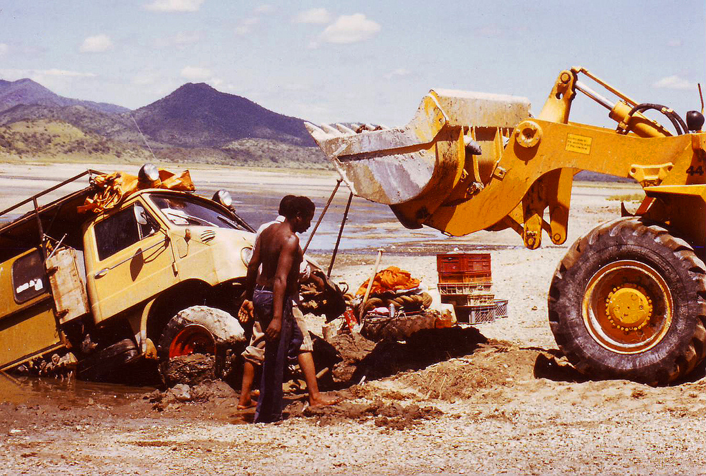 Being stuck with our truck at Lake Magadi in Kenya.