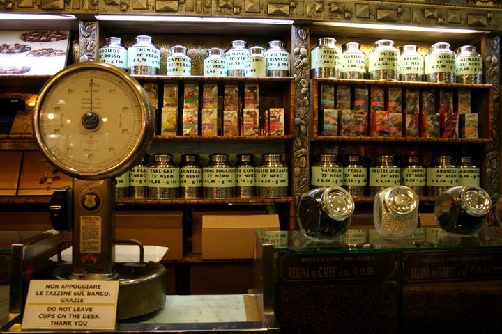 Coffee & Tee variety at "Tazza d'Oro" in Rome. This is a legendary place for those who love coffee. Excellent espresso at low price in the hearth of Rome.