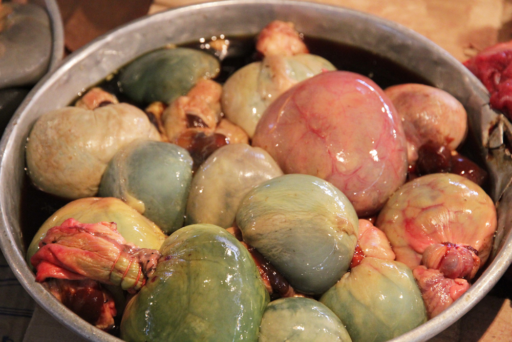 Giblets at a market in Vientiane, Laos.