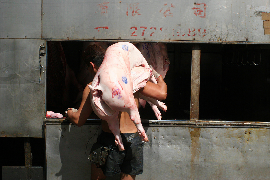 Carring a dead pig into a market in Hong Kong.