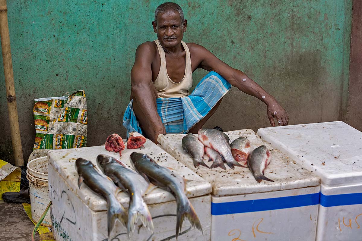 man-selling-fresh-fish-market-darjeeling-india A local man selling his "fresh" fish at the market in Darjeeling.