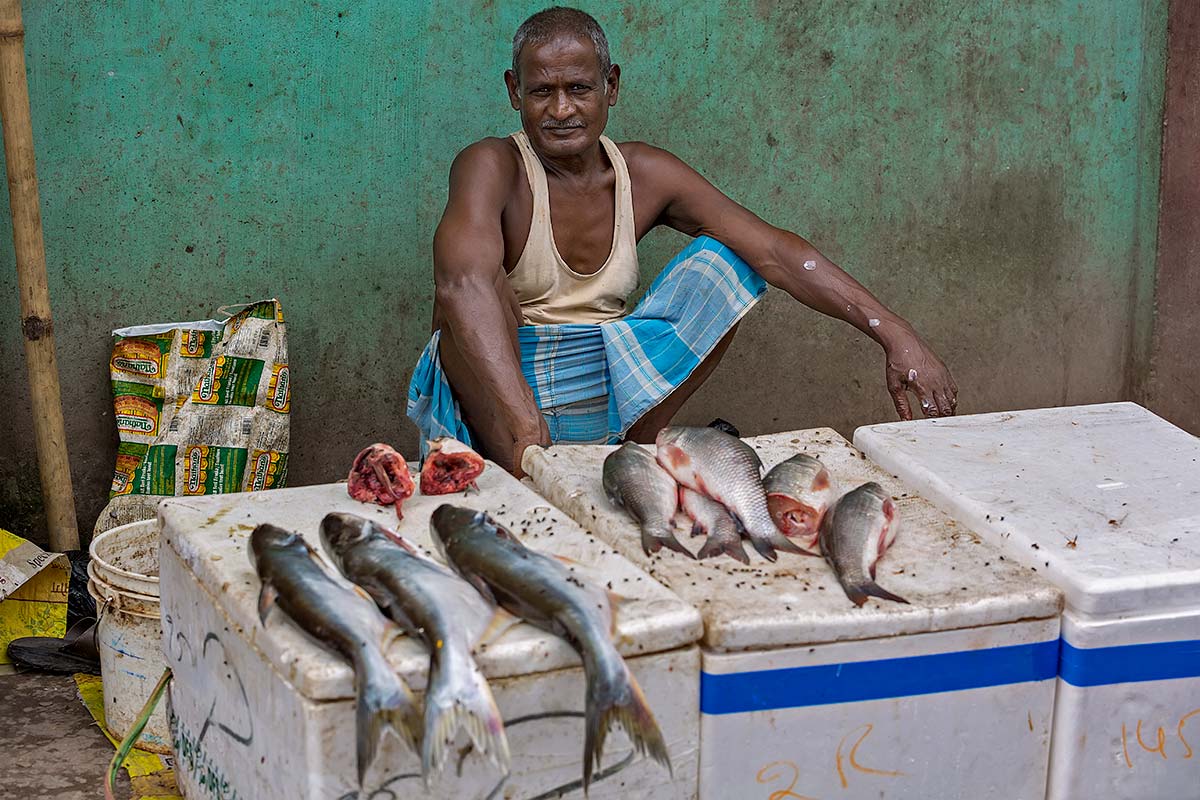 A local man selling his "fresh" fish at the market in Darjeeling.