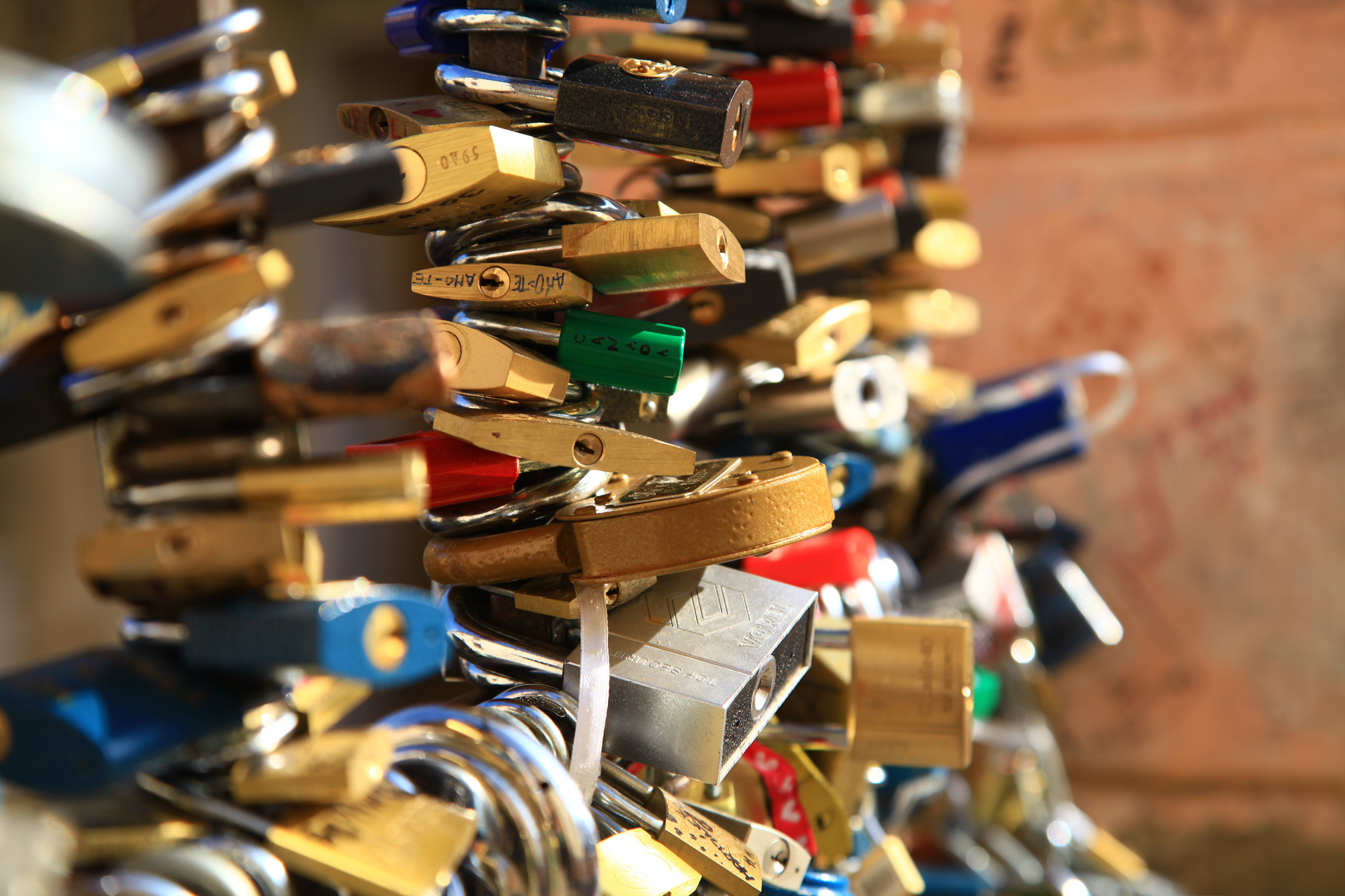 Lover's locks near the John Lennon wall in Prague, Czech Republic.