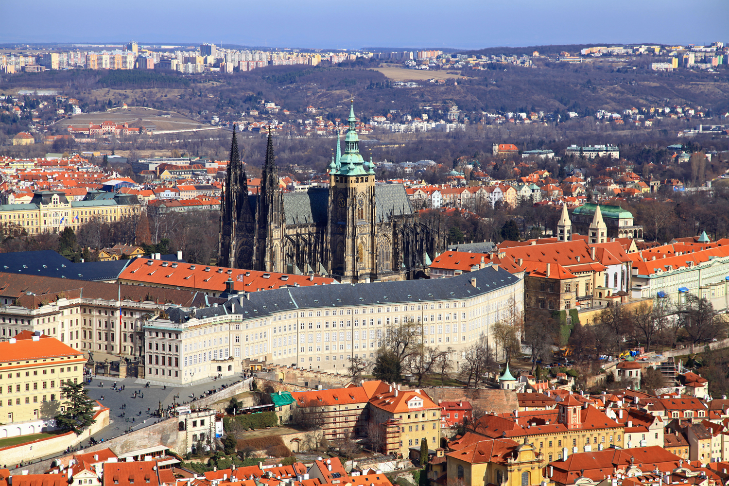 The view of Prague Castle and St. Vitus Cathedral from Petrin Tower.