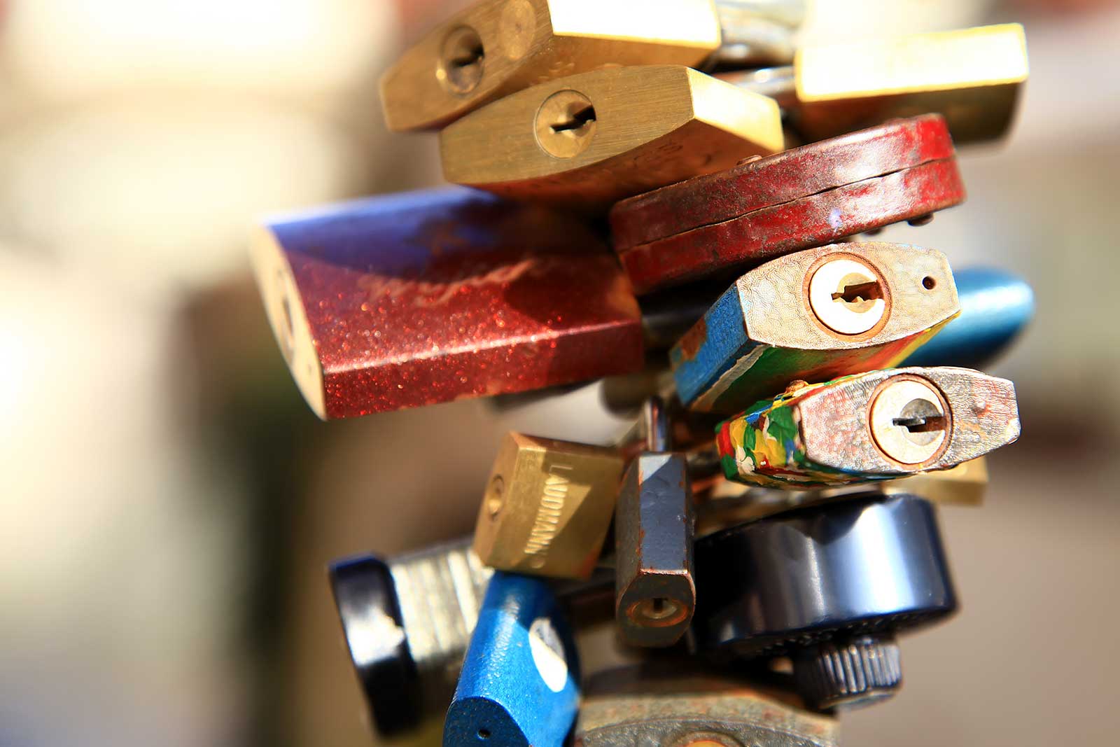 Lover's locks near the John Lennon wall in Prague, Czech Republic.