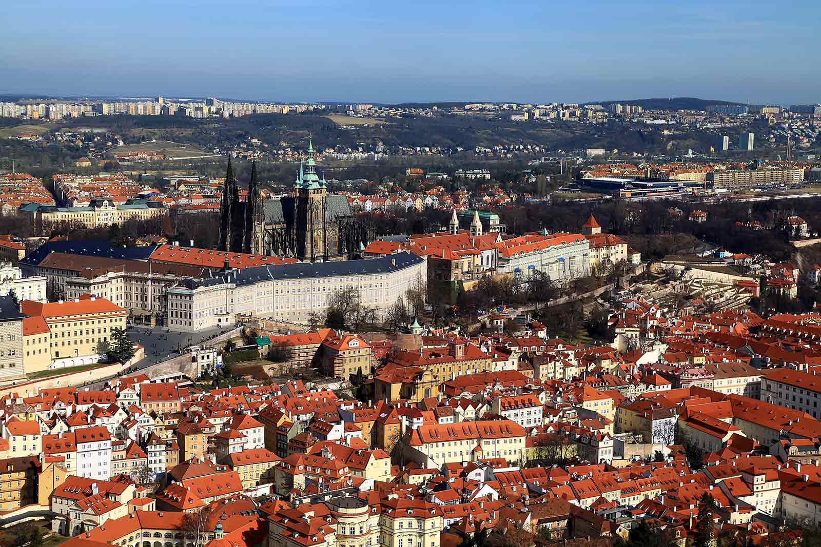 The view of Prague Castle and St. Vitus Cathedral from Petrin Tower.