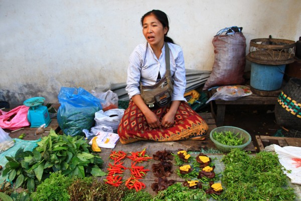laos-vientiane-market-woman-selling-vegetables Market woman in Laos selling vegetable.
