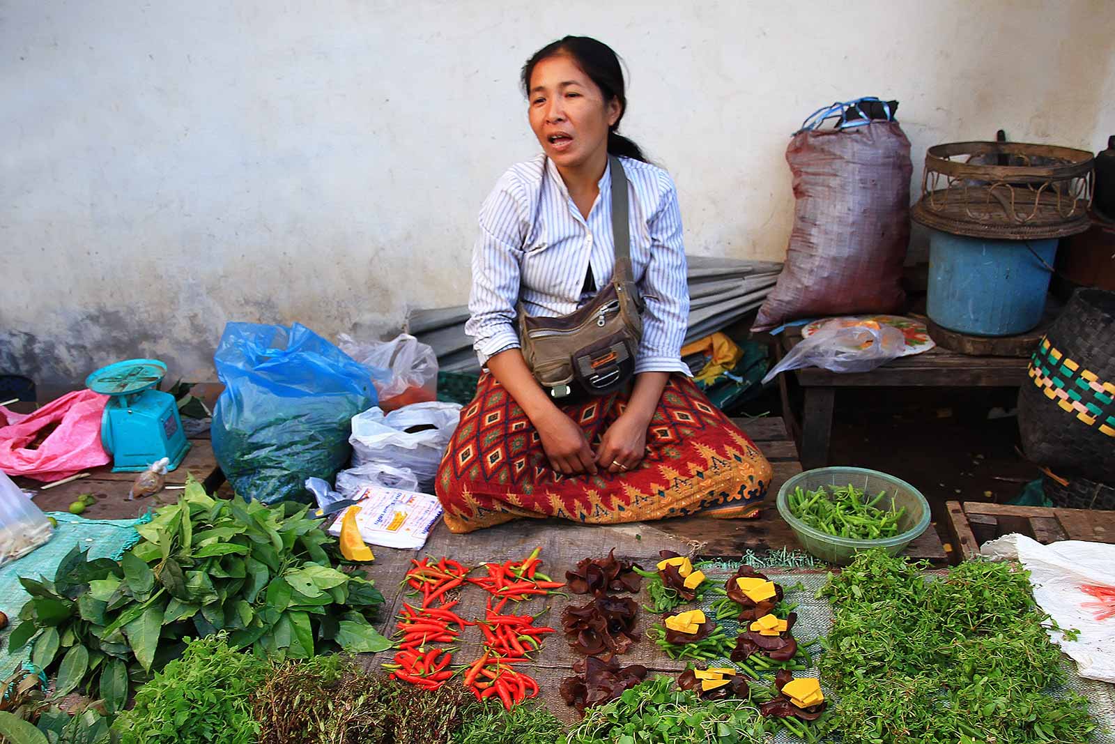 Market woman in Laos selling vegetable.
