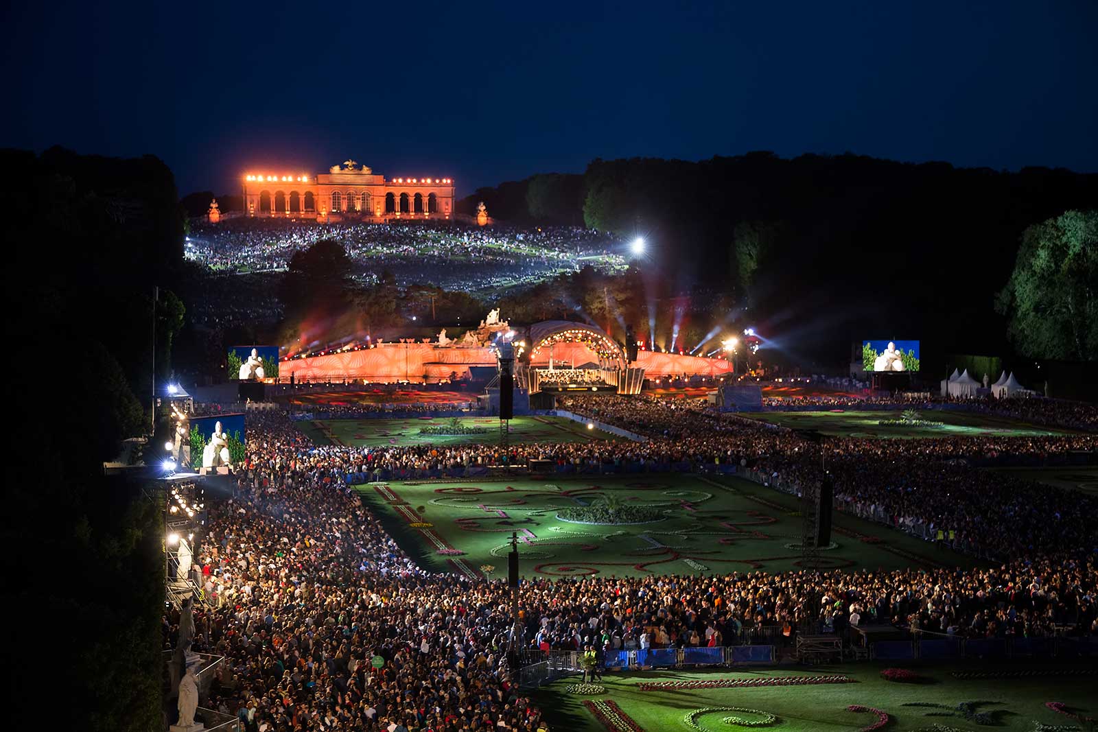 Each year the Vienna Philharmonic orchestra plays an open-air concert at Schönbrunn Palace park. The admission is free and it has been held every year (around May) since 2004. Approximately 100.000 people come here every year.