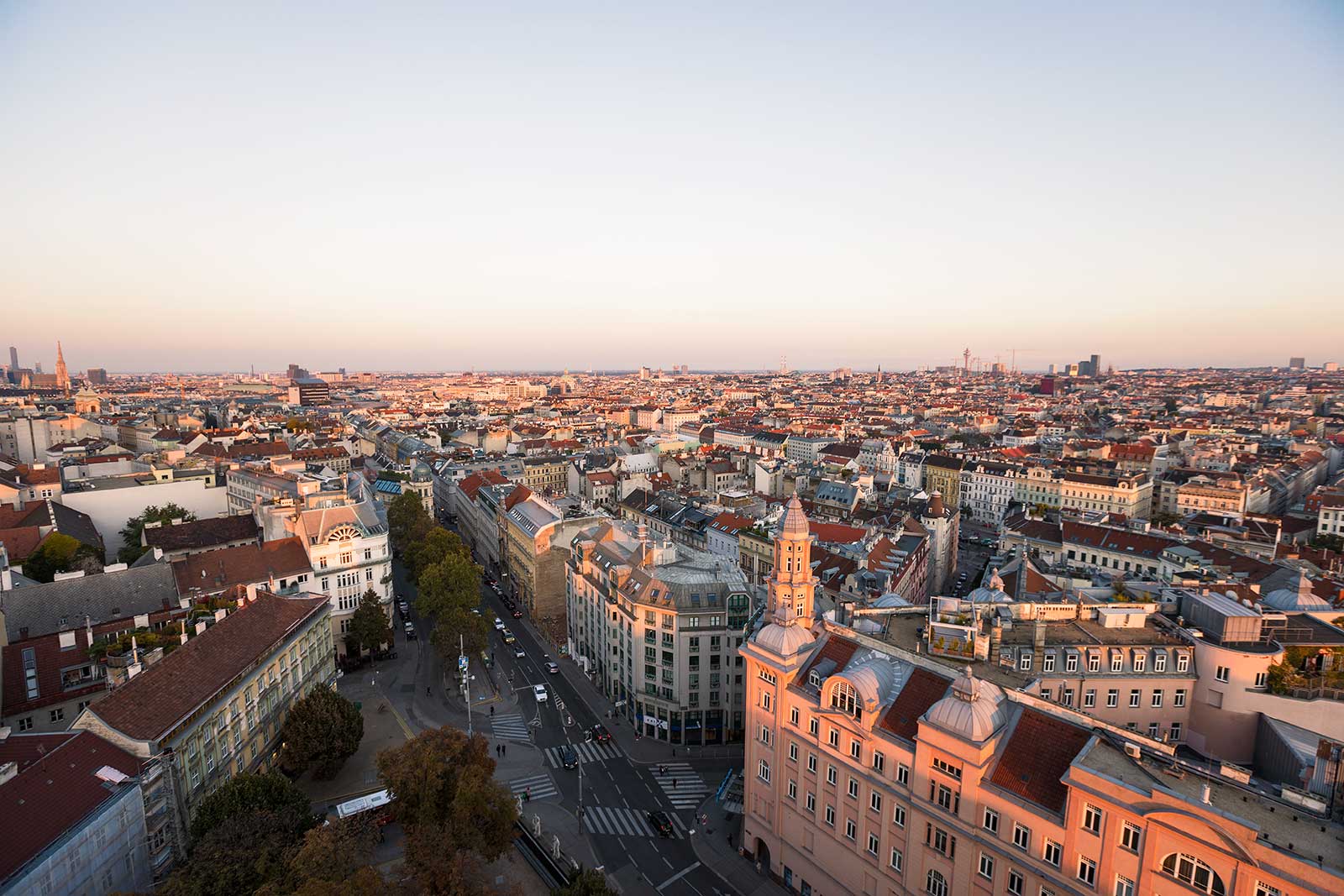 Vienna from above. On the left side you can see St. Stephens Cathedral and also Viennas highest building, the DC tower in the distance.