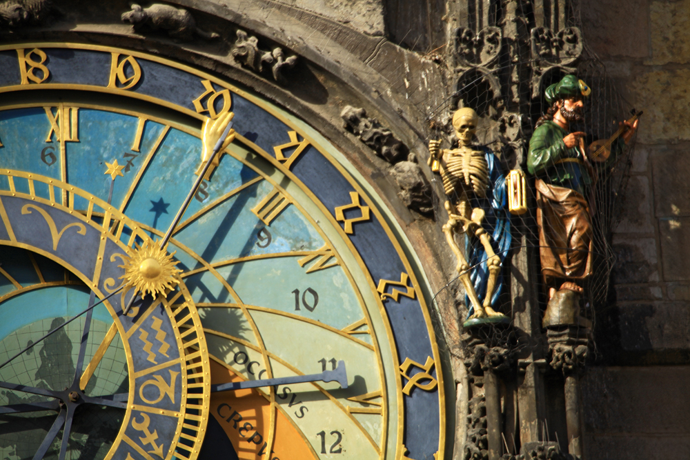 The medieval astronomical clock adorns the southern wall of the Old Town City Hall in the Old Town Square.