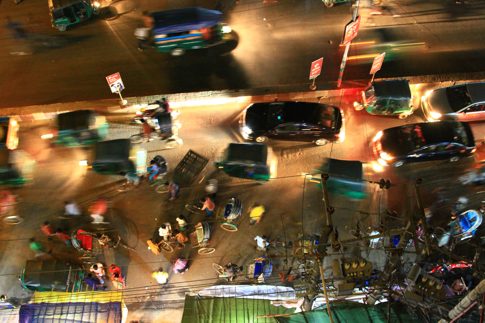 Whether it's day or night, the streets are always packed in Bangladesh.