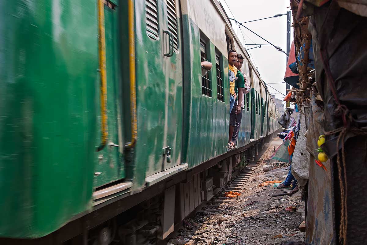 The railway tracks lead right through the Slum area in Kolkata.