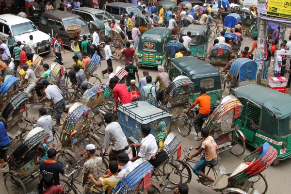 rikscha-traffic-dhaka-bangladesh Jammed streets in Dhaka, Bangladesh.