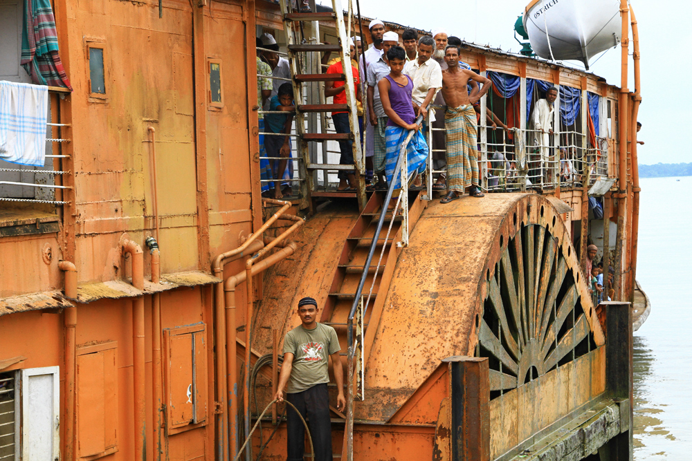 The rocket steamer is arriving in Galachipa, Bangladesh.