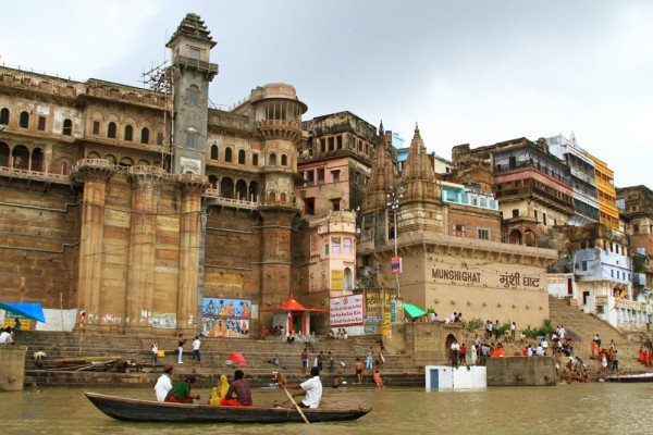boat-ride-ganges-river-ghats-varanasi-india-10 The view of Varanasi from a boat ride on the Ganges river.