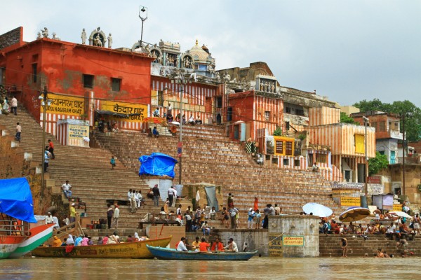 boat-ride-ganges-river-ghats-varanasi-india-11 The view of Varanasi from a boat ride on the Ganges river.