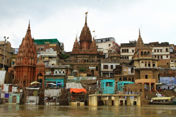 boat-ride-ganges-river-ghats-varanasi-india-6 The view of Varanasi from a boat ride on the Ganges river.
