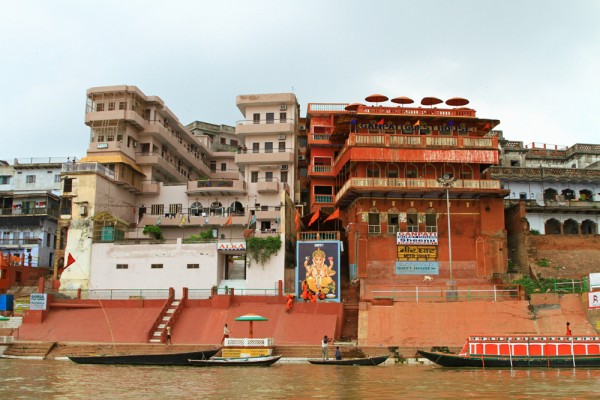 boat-ride-ganges-river-ghats-varanasi-india-7 The view of Varanasi from a boat ride on the Ganges river.