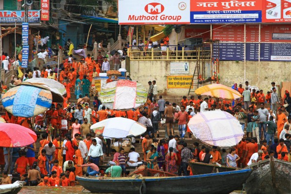 boat-ride-ganges-river-ghats-varanasi-india-8 The view of Varanasi from a boat ride on the Ganges river.