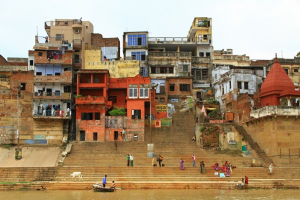 boat-ride-ganges-river-ghats-varanasi-india-9 The view of Varanasi from a boat ride on the Ganges river.