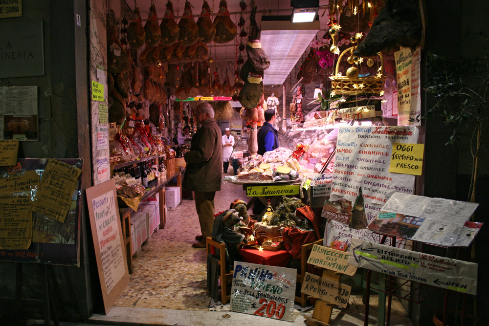 A typical, local food shop in Florence, Italy.