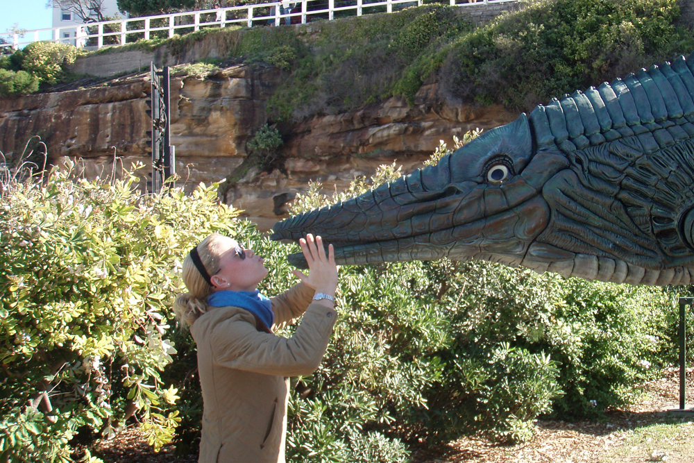 Walking along the sculpture walk in Sydney.