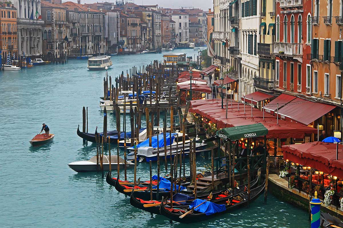 The view of the Grand Canale from the Rialto Bridge in Venice.