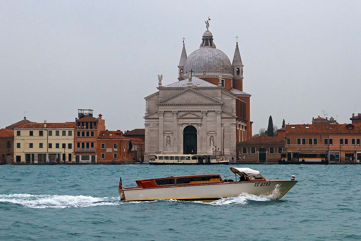 A water taxi along the lagoon in Venice.