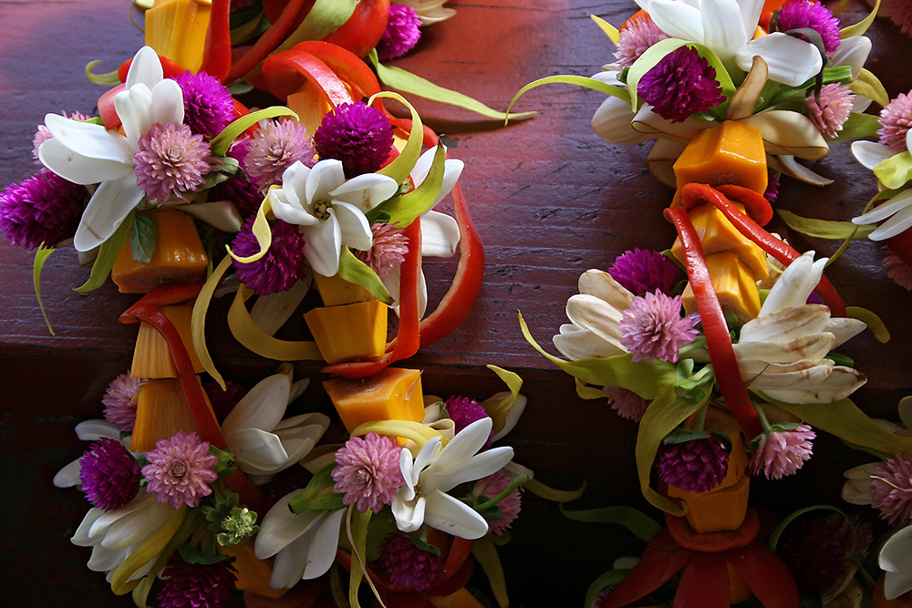 Flower greetings at Papetee airport, French Polynesia.