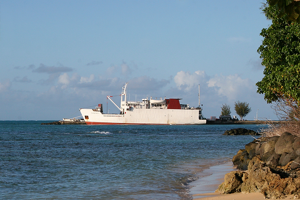 A ship at the port in Tubuai, Tahiti.