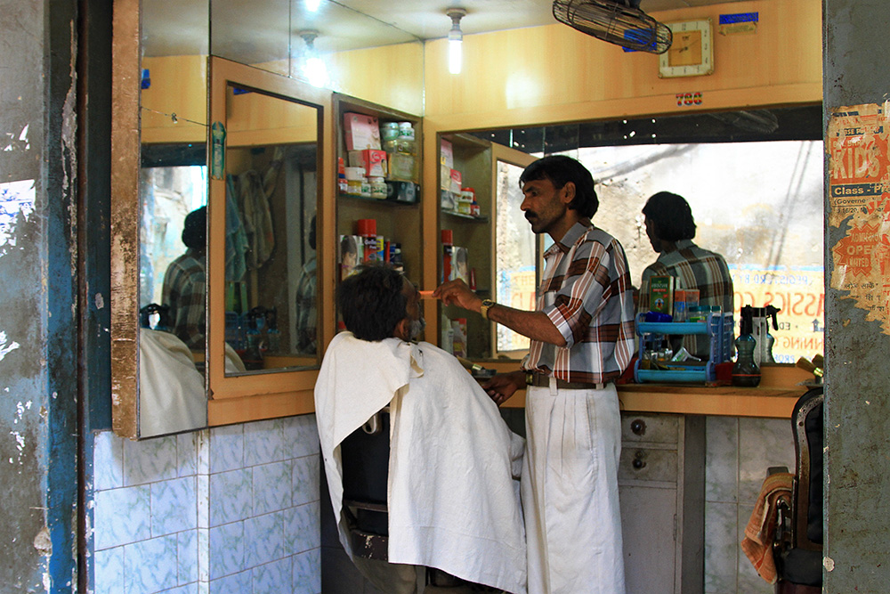 A barber shop in Varanasi, India.