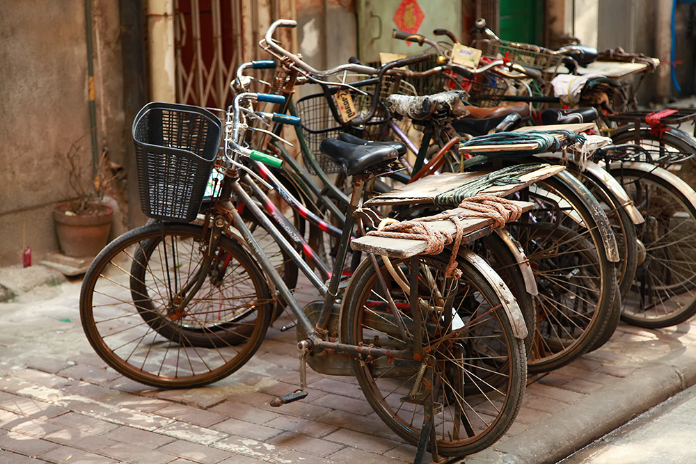 Bicycles are the best way to get around the old quarters in Guangzhou, China.