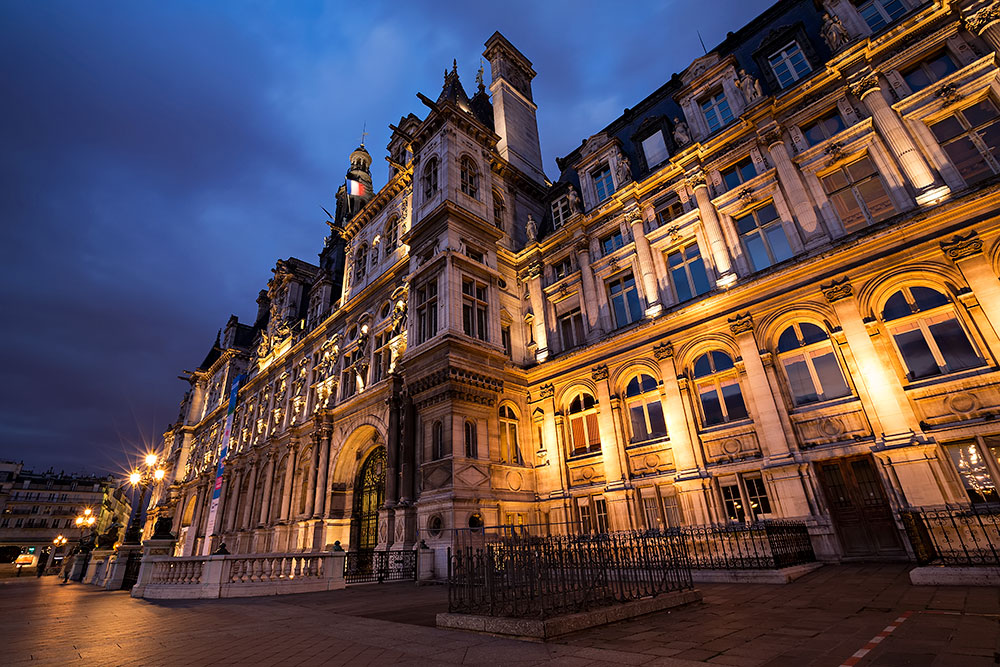 Hôtel de Ville at night in Paris, France.