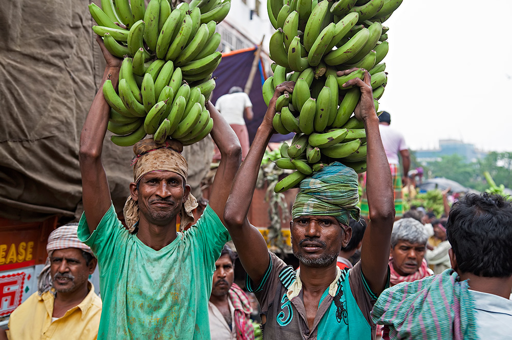 Working men at the the fruit wholesale market in Kolkata, India.