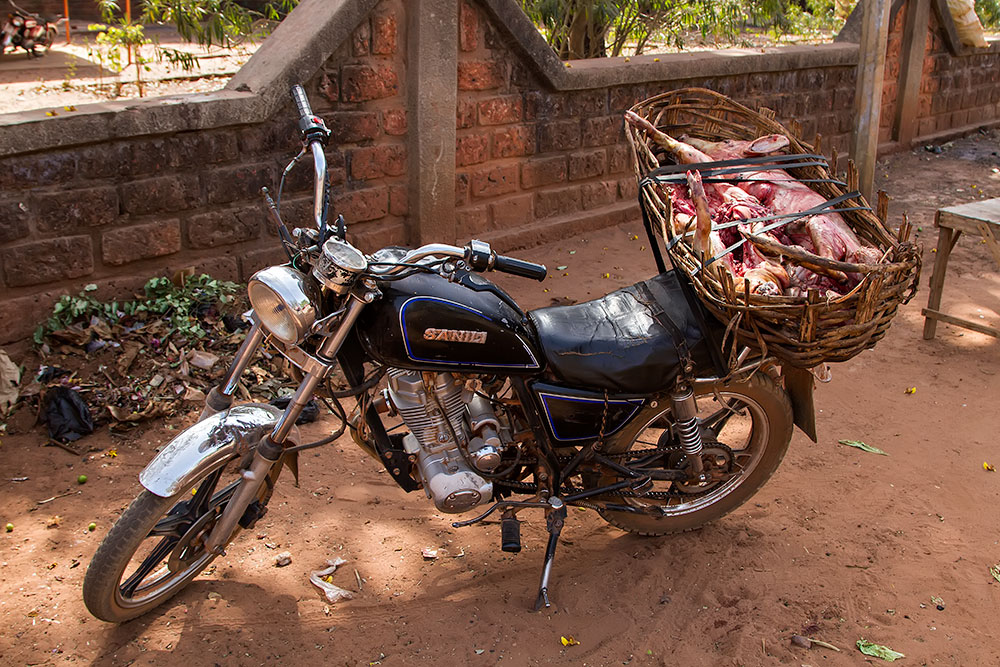 Transporting dead pigs on a motorbike in Orodara, Burkina Faso.