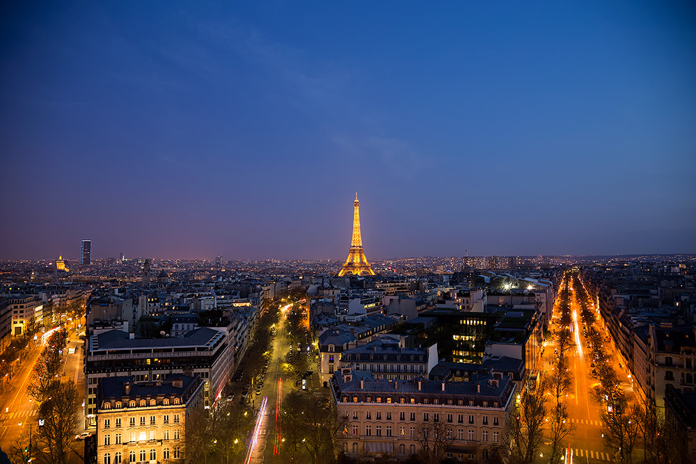 The view of the Eiffel Tower from the Arc de Triomphe in Paris, France.