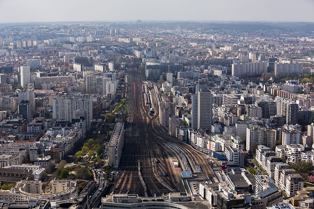 The view of Gare Montparnasse from Tour Montparnasse in Paris, France.