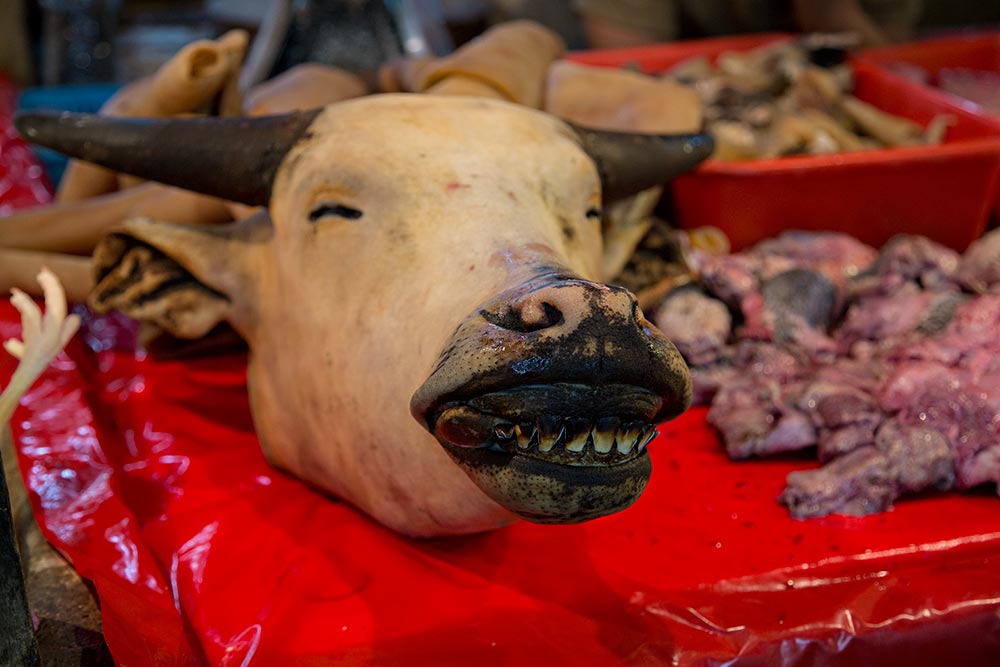 Smiling cow's head at Chow Kit market in Kuala Lumpur, Malaysia.