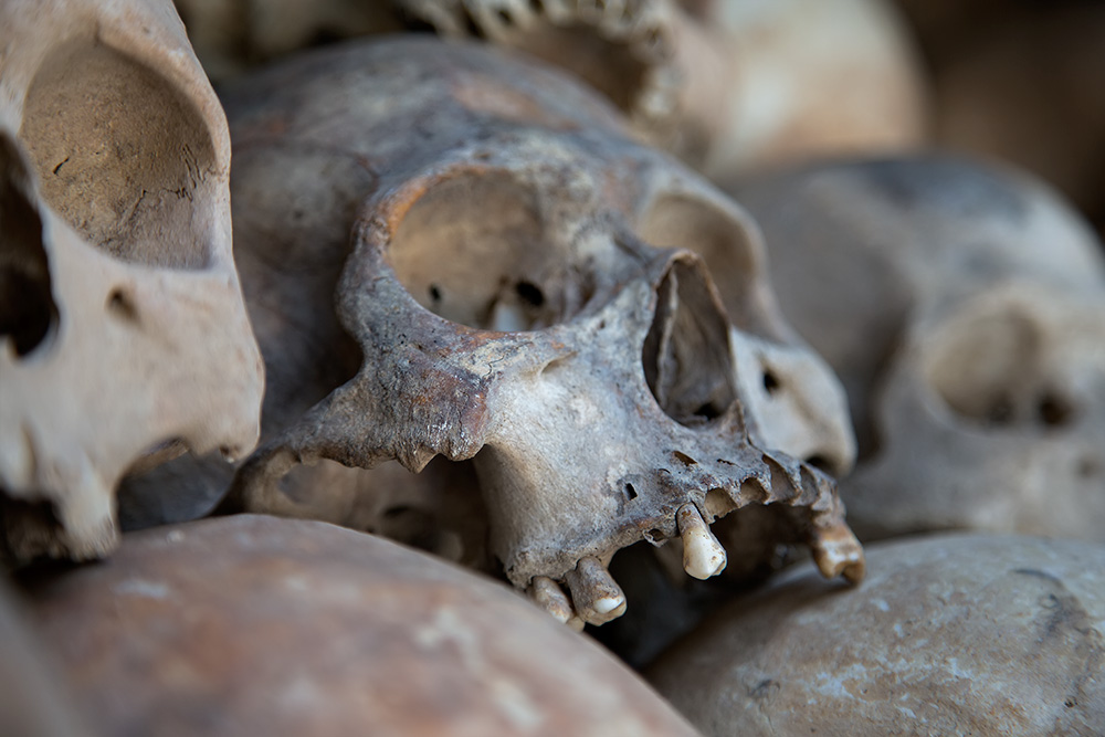 Human skulls at the Killing Fields of Choeung Ek in Phnom Penh, Cambodia.