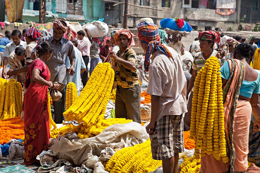 At Mullik Ghat flower market near Howrah bridge in Kolkata, India.