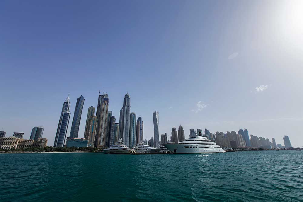 The skyline of the Dubai Marina. Dubai Marina is an artificial canal city, built along a 3 km stretch of Persian Gulf shoreline.