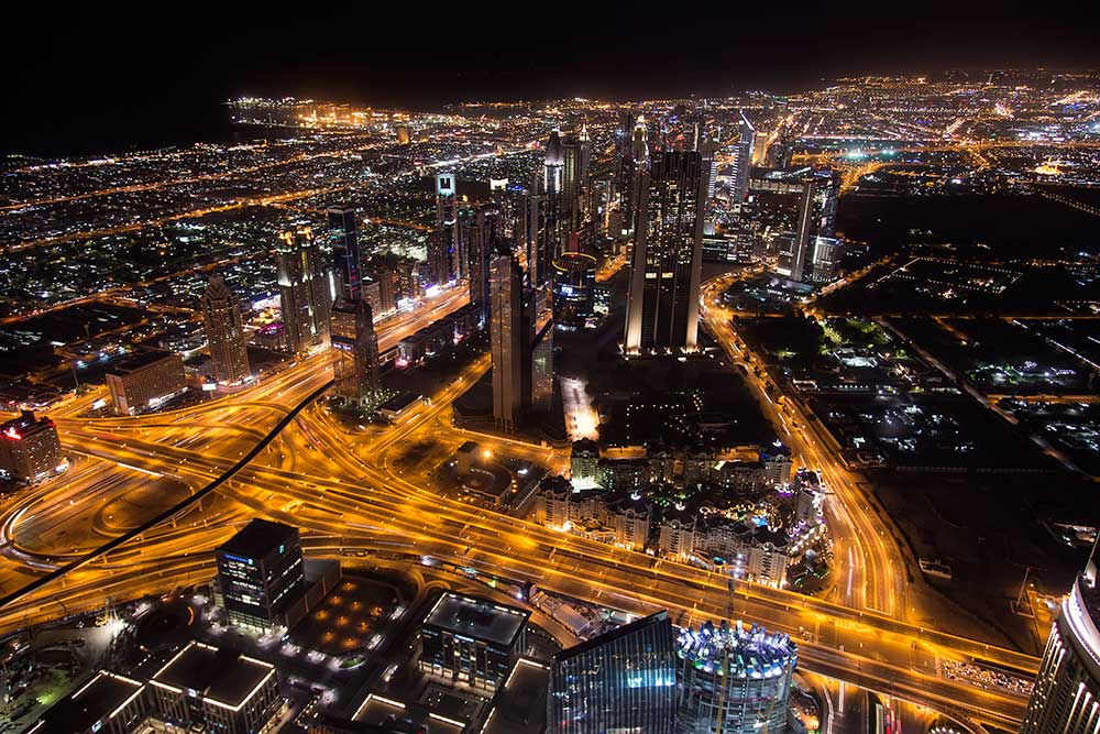 The view of the Financial District from "At the Top" in the Burj Khalifa in Dubai.