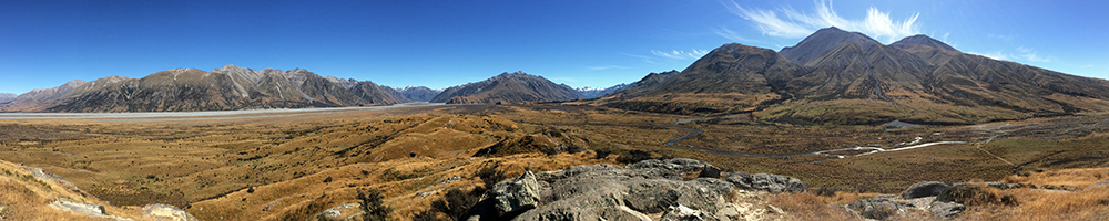 Panorama of the landscape of the Rangitata Valley - aka Rohan - in Canterbury, New Zealand.